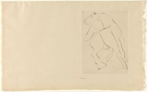  "Chevaux de minuit, illustrasjon X" by Pablo Picasso is an abstract drypoint etching on paper featuring minimal yet expressive lines that form the abstract representation of two horses, rendered in monochromatic black on an off-white aged paper background, displaying Picasso's unique abstract style.