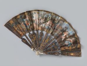  An exquisitely detailed hand fan, partially open, with intricate golden designs on its dark ribs, and a pictorial scene depicting leisurely figures in a pastoral landscape, featuring soft earth tones and a historical European aesthetic. Artist name and title remain unknown.