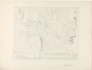  "Marie-Thérèse agenouillée contemplant un groupe sculpté" by Pablo Picasso is a black and white etching that depicts a woman kneeling on the left, facing a complex sculptural grouping on the right, portrayed in Picasso's distinctive linear style.