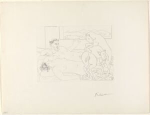  A monochromatic etching by Pablo Picasso titled "Vieux sculpteur et modèle assoupi avec un groupe sculpté représentant des chevaux luttant," featuring an elderly sculptor at work with a dozing model and a group of sculpted horses in battle, rendered in delicate lines on a paper background.