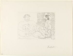  A black and white etching by Pablo Picasso titled "Sculpteur et son modèle avec un buste sur une colonne," featuring a plump sculptor sitting on the left and his slender model standing on the right beside a column with a bust on it, created using the streketsning technique on paper.