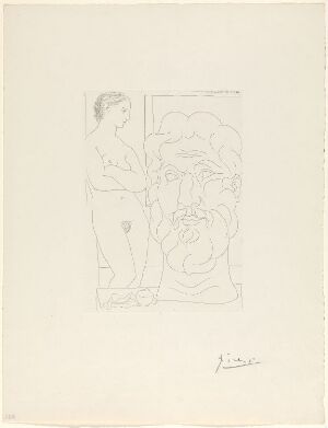  A monochromatic etching by Pablo Picasso titled "Marie-Thérèse regardant un autoportrait sculpté du sculpteur," featuring a line drawing of a woman in profile on the left, looking at a roughly etched bearded portrait on the right, all on plain paper with no