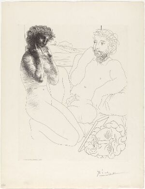  A monochromatic etching by Pablo Picasso titled "Sculpteur et modèle se regardant dans un miroir calé sur un autoportrait sculpté" depicting a nude female model touching her chin while sitting and gazing towards an older bearded male sculptor seated across from her, with a mirror between them and a round decorative element beneath it.