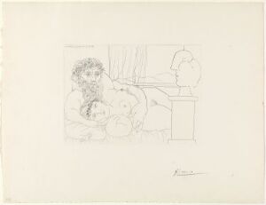  Etching by Pablo Picasso titled "Sculpteur et son modèle avec la tête sculptée du modèle", depicting a sculptor seated on the left working on a sculpture, with a detailed sculpted head shown on the right, rendered in fine lines on an off-white paper.