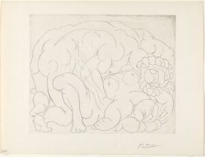 Alt-Text: "L'étreinte I" by Pablo Picasso, a monochromatic drypoint on paper featuring two abstract figures intertwined in an embrace, defined by fluid lines and rounded forms against a plain background.