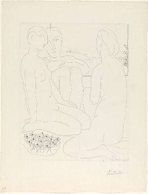  "Trois femmes nues et une coupe d'anémones" by Pablo Picasso is an etching depicting stylized nude figures in a simplistic and abstract manner. Three women, two seated and one standing, are encompassed within free-flowing lines accompanied by a central floral arrangement hinting at anemones. The composition is set against a blank background, emphasizing the interplay between the figures and empty space.