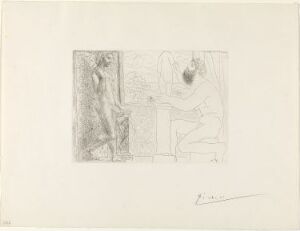  "Billedhugger i arbeid mens Marie-Thérèse poserer" by Pablo Picasso is a line etching on paper showing a sculptor on the left working intently in a studio setting with artistic tools around him, while a female model, presumably Marie-Thérèse, poses calmly on the right side. The etching is monochromatic with rich black ink lines on off-white paper, highlighting details and textures in a classic Picasso style.