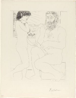  Etching by Picasso titled "Sculpteur songeant, modèle aux cheveux noirs et bol avec trois anémones" depicting a bearded, contemplative sculptor seated in a chair and a standing female model with dark hair, holding a bowl with three flowers. The artwork is in black and white with expressive lines defining the figures and the subtle interaction between them.