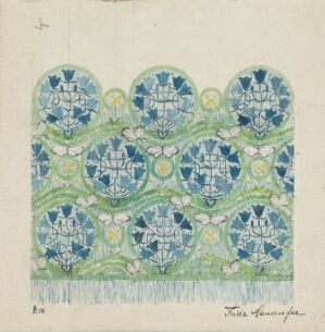  Design titled "Blåklokker" by Frida Hansen, featuring symmetrical blue and green floral patterns with yellow and white highlights on warm white paper, with scalloped arches at the top and fringe at the bottom, exemplifying textile art with gouache on paper.