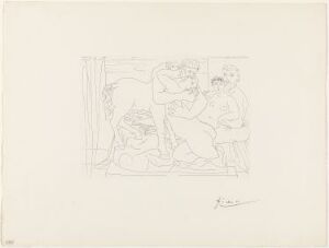  Etching on paper by Pablo Picasso titled "Sculpteur et son modèle avec un groupe sculpté représentant un centaure embrassant une femme" depicting an artist sculpting a group that features a centaur embracing a woman, with a model standing nearby, rendered in fine lines on a beige paper background.