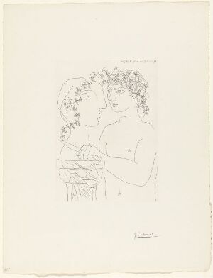  "Jeune sculpteur finissant un plâtre" by Pablo Picasso is a monochromatic line etching on paper depicting a young sculptor delicately finishing a plaster sculpture which resembles another figure, conveying a tranquil scene of artistic creation.