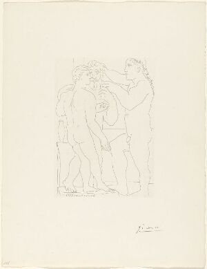  "Jeune sculpteur grec avec sa sculpture: un homme et un éphèbe" by Pablo Picasso, an etching depicting a young sculptor intently working on a sculpture of a man and an adolescent, rendered in simple yet expressive contour lines on a light-colored paper.