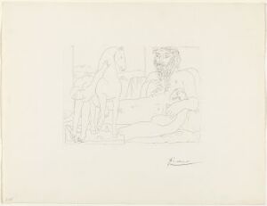  An etching by Pablo Picasso titled "Sculpteur et son modèle avec un groupe sculpté représentant un dresseur de chevaux," featuring delicate line work depicting a sculptor, a model, and a sculpted group illustrating a horse trainer, executed in black on off-white paper.