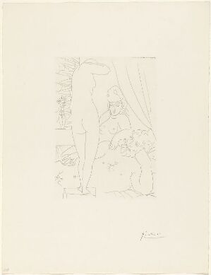  A line drawing by Pablo Picasso titled "Sculpteur au repos avec modèle démasqué et sa représentation sculptée", showing a seated sculptor at rest beside a standing nude figure representing a sculpture, with a second, partially obscured nude figure behind it, all rendered in fine, etched lines on white paper.