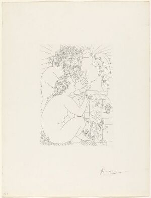  A monochromatic etching by Pablo Picasso titled "Sculpteur avec son modèle, sa sculpture et un bol d'anémones," showing a sculptor in an intimate embrace with a female model, with a representation of a sculpture and a bowl of anemones nearby, all depicted with delicate lines on white paper.