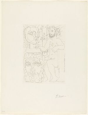  A monochromatic etching by Pablo Picasso titled "Sculpteur et son autoportrait sculpté servant de socle à une tête de Marie-Thérèse", featuring abstract forms and lines on paper that suggest a sculptor and his artwork in a highly stylized and symbolic fashion, with Picasso's signature at the bottom right.