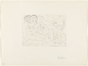  Sketch-like etching by Pablo Picasso titled "Sculpteur et son modèle avec un groupe sculpté représentant des athlètes," featuring a sculptor at work with chisel and hammer, a figure of a model, and a group of abstracted athletes on off-white paper with Picasso's signature in the lower right corner.