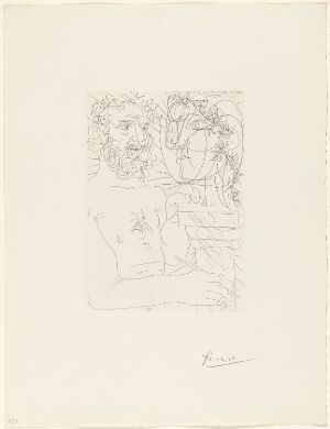 Pablo Picasso's "Vieux sculpteur au travail. II," a fine line etching on paper showing an old sculptor with wild hair working intently next to a sculpture of a classical bust, executed with expressive, dense lines against a sparse background, signed by the artist.