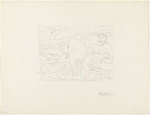  Etching on paper by Pablo Picasso, titled "Sculpteur et son modèle avec un groupe sculpté représentant un taureau attaquant des chevaux," showcasing the outline of a sculptor at work on a dynamic sculpture of a bull attacking horses, with no color, set against an off-white paper background.