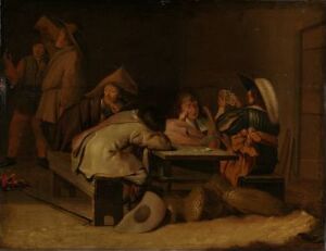  "Soldiers in a Guardroom/an Inn" - A painting by an unidentified Dutch artist portraying a group of soldiers gathered around a table in a dimly lit room, engaged in various activities, with a rustic atmosphere emphasized by earthy tones and dark shadows.