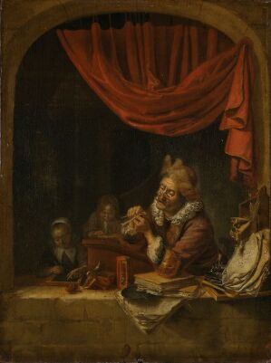  "The Schoolmaster" by Domenicus van Tol - An oil on wood painting depicting an elderly, bearded schoolmaster closely examining a small object at his desk, surrounded by books, with dimly lit students observing in the background.