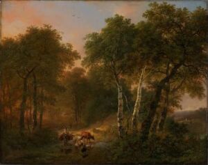  An oil painting on wood by Eugène Verboeckhoven depicting a pastoral landscape scene with cattle and sheep grazing amongst lush greenery, flanked by trees and set against a captivating sky with warm tones suggesting either dawn or dusk.