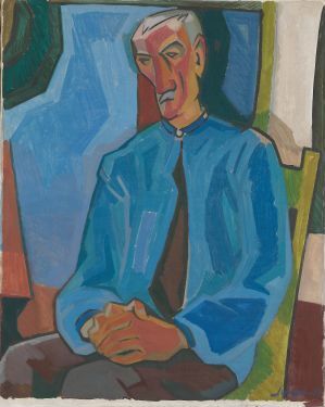 
 An oil painting by Gert Jynge on canvas, depicting an abstract, geometrically-styled seated figure in blue, against a backdrop of teal, green, and orange angular shapes, with a Cubism influence, suggesting contemplation.