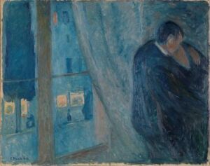  "The Kiss" by Edvard Munch, an oil on canvas painting showcasing a solitary figure in deep blue tones, enveloped in an aura of contemplation and melancholy within a dimly lit room painted in harmonious blues and greens.