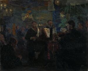  A dark, moody oil painting on wood titled "The Neruda Quartet. Sketch for Music in the Studio" by Peder Severin Krøyer, featuring a string quartet in the act of performance surrounded by a barely distinguishable audience in a dimly lit studio. The piece uses a subdued palette of deep browns, blues, and greens, with touches of light highlighting the concentrated faces of the musicians and their instruments.