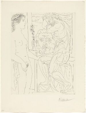  A line etching by Pablo Picasso on off-white paper titled "Femme laide devant la sculpture d'une Marie-Thérèse athlétique appuyée sur un autoportrait du sculpteur." The monochromatic print depicts an abstract female figure standing next to a muscular sculpture, interpreted as Marie-Thérèse, leaning on a self-portrait of the artist, with all elements drawn in Picasso's signature artistic style.