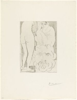  "Femme songeuse et inquiète dans l'atelier de sculpture" by Pablo Picasso, an etching on paper depicting a pensive woman in a sculptor's workshop, surrounded by abstract forms representing sculptures, rendered in grayscale on off-white paper with Picasso's signature at the bottom right.