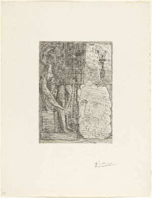  Black and white etching by Pablo Picasso titled "Sculptures représentant Marie-Thérèse et la tête du sculpteur, avec le vase aux trois fleurs." The image features abstract figures on the left and a textured column with a face-like structure on the right against an off-white paper background.