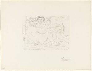  Black and white etching on paper titled "Le repos du minotaure: Champagne et amante" by Pablo Picasso depicting a stylized scene with a figure representing a Minotaur in a reclined pose, possibly with an abstracted lover figure, rendered in Picasso's expressive line work.