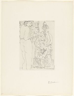  A grayscale drypoint etching by Pablo Picasso titled "Marie-Thérèse considérant son effigie surréaliste sculptée," displaying a simplistic profile of Marie-Thérèse on the left and a detailed surrealist sculpture to the right, all against a blank background with Picasso's signature at the bottom right.