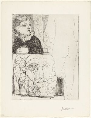  An etching titled "La bonne dans l'atelier de sculpture" by Pablo Picasso, featuring a detailed portrait of a woman on the left with a classical sculpted face below her, and a sketch of a male sculpture's torso on the right, all in black and white.