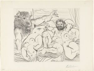  "Bakkanal med minotaur" by Pablo Picasso, a black and white etching depicting the mythical Minotaur surrounded by human figures in various poses of a bacchanal on white paper. The scene is lively and intricate, with Picasso's signature sharp line work creating a sense of depth and movement.