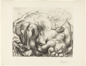  "Omfavnelsen III" by Pablo Picasso, a drypoint print on paper featuring a complex, entwined group of figures with a central embracing form, rendered in a monochromatic palette of grays, signed by the artist.