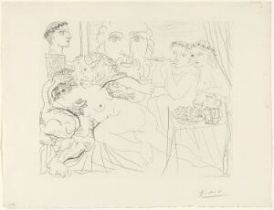  A black and white etching by Pablo Picasso titled "Autoportrait sous trois formes: Peintre couronné, sculpteur en buste et minotaure amoureux," featuring a crowned self-portrait on the left, a sculpted bust in the center, and a minotaur embracing a woman on the right, all rendered in Picasso's signature line work.