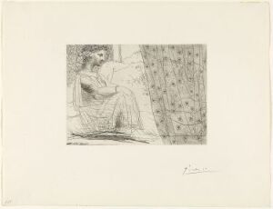  Etching titled "Marie-Thérèse, en vestale, veillant le minotaure endormi" by Pablo Picasso, depicting a serene woman sitting beside a sleeping Minotaur against a patterned background, executed in fine lines and shading on paper.