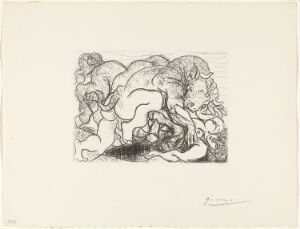  "Minotaure amoureux d'une femme-centaure," an etching by Pablo Picasso, depicts the intimate embrace between a mythical Minotaur and a female centaur. The artwork, executed in black ink on paper, is filled with dynamic lines and textures that convey movement and emotional depth, reflecting the mythological theme and the artist's exploration of primal instincts and sensuality.