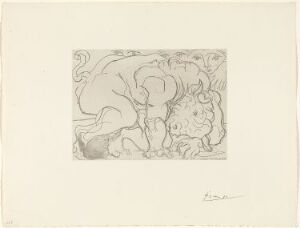  "Minotaure blessé VI" by Pablo Picasso, an etching on paper showing a distressed minotaur with fluid, expressive lines in various shades of black and gray on an off-white background.