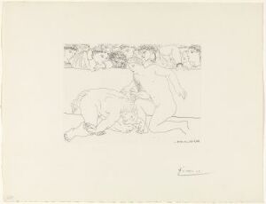  Etching on paper by Pablo Picasso titled "Dans l'arène. Jeune homme achevant le minotaure", depicting a young man overpowering a minotaur with spectators in the background. The artwork portrays dynamic movement and tension through expressive lines in a monochrome palette, with Picasso's signature at the bottom right.