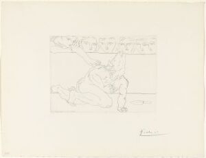  "Dying Minotaur and Pitying Young Woman" by Pablo Picasso, a line etching on paper depicting a weakened Minotaur in a reclined position being comforted by a compassionate young woman, rendered in simple black lines on a white background.