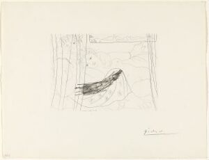  An etching on paper titled "Minotaure et jeune femme enlacés rêvant sous une fenêtre" by Pablo Picasso depicting the abstract forms of a minotaur and a woman embracing under a window, executed in a monochromatic palette. The artwork conveys a sense of intimacy and contemplation through fluid lines and contrasting light and shadow.