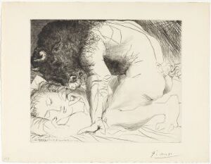 
 "Minotaure caressant du mufle la main d'une dormeuse" by Pablo Picasso, a fine art drypoint print on paper depicting a minotaur tenderly caressing the hand of a sleeping woman, executed in monochromatic shades emphasizing the textures and emotional connection between the creatures.