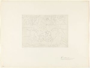  "Corrida, torero blessé" by Pablo Picasso is an etching on paper depicting a stylized bullfight scene with an injured matador, rendered in fine monochromatic lines on a muted background, displaying Picasso's signature style.