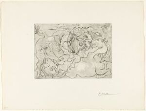  "Corrida, femme torero blessée III" by Pablo Picasso is a monochromatic etching featuring an abstract bullfight scene with a central, injured female bullfighter, displayed with fluid lines and organic shapes on white paper, signed by Picasso.