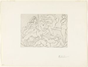  A black and white Pablo Picasso drypoint print titled "Le Cirque. Répétition" on paper, featuring an abstract scene of circus performers in a rehearsal, distinguished by expressive lines and textural shading on a neutral background.