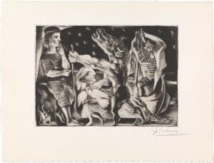  "Blind Minotaur guided through the Night by a young Girl with a fluttering Dove," a print by Pablo Picasso. The dark-toned aquatint artwork features a muscular Minotaur with a bull's head and human body led by a calm young girl under a starry night sky, with a bright dove in mid-flight above them, suggesting themes of guidance,