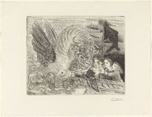  "Harpye à tête de taureau, et quatre petites filles sur une roue surmontée d'un drapeau noir" by Pablo Picasso, a line etching on paper depicting a bull-headed harpy with widespread wings above four calm girls sitting on a wheel underneath a waving dark flag, all in diverse shades of black and white, showcasing contrast and detailed textural strokes.